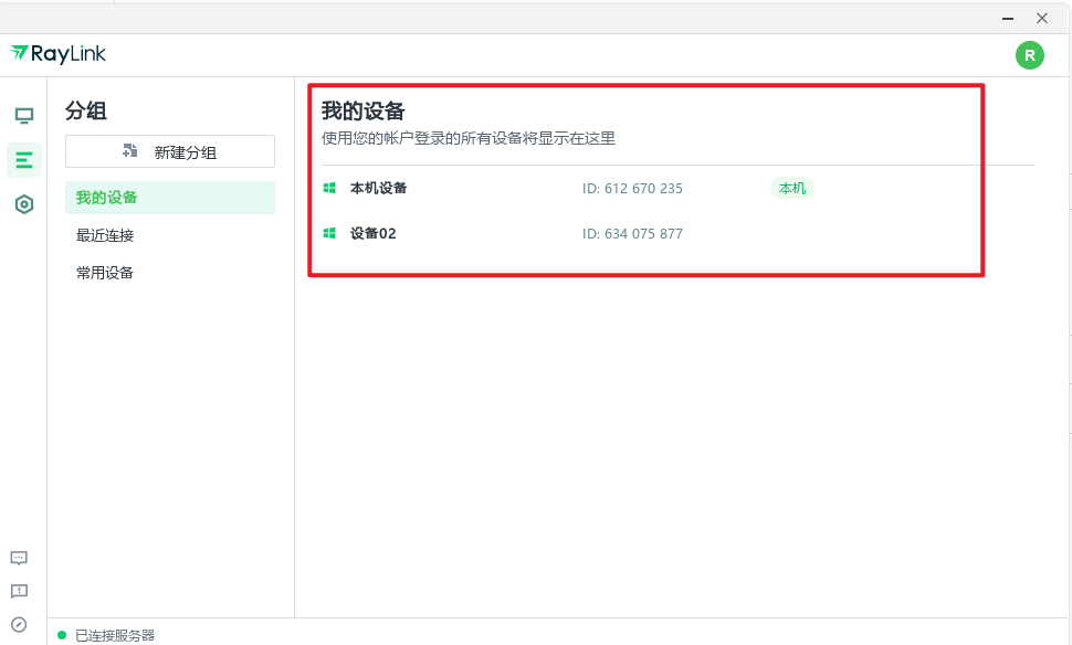 RayLink 设备列表管理界面